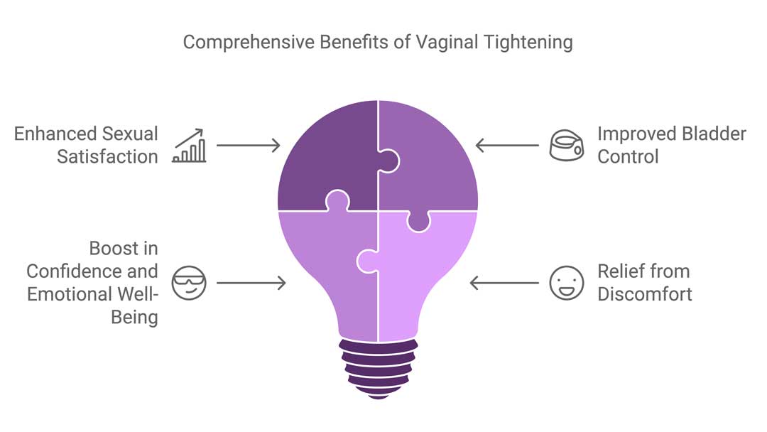 Infographic from The Women's Health Clinic illustrating the comprehensive benefits of vaginal tightening. The image shows a lightbulb-shaped puzzle, with arrows pointing to key benefits: enhanced sexual satisfaction, improved bladder control, relief from discomfort, and a boost in confidence and emotional well-being