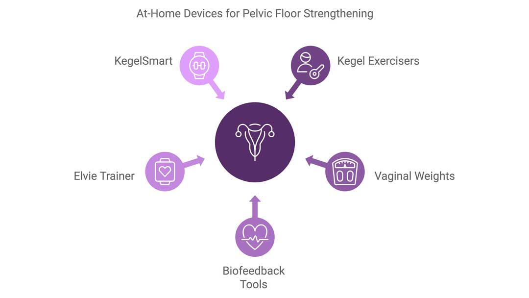 Infographic from The Women's Health Clinic showing at-home devices for pelvic floor strengthening. The diagram includes KegelSmart, Kegel exercisers, vaginal weights, biofeedback tools, and the Elvie Trainer. Each device is represented by icons in a circular layout around a central uterus symbol, emphasizing different methods to improve pelvic floor strength