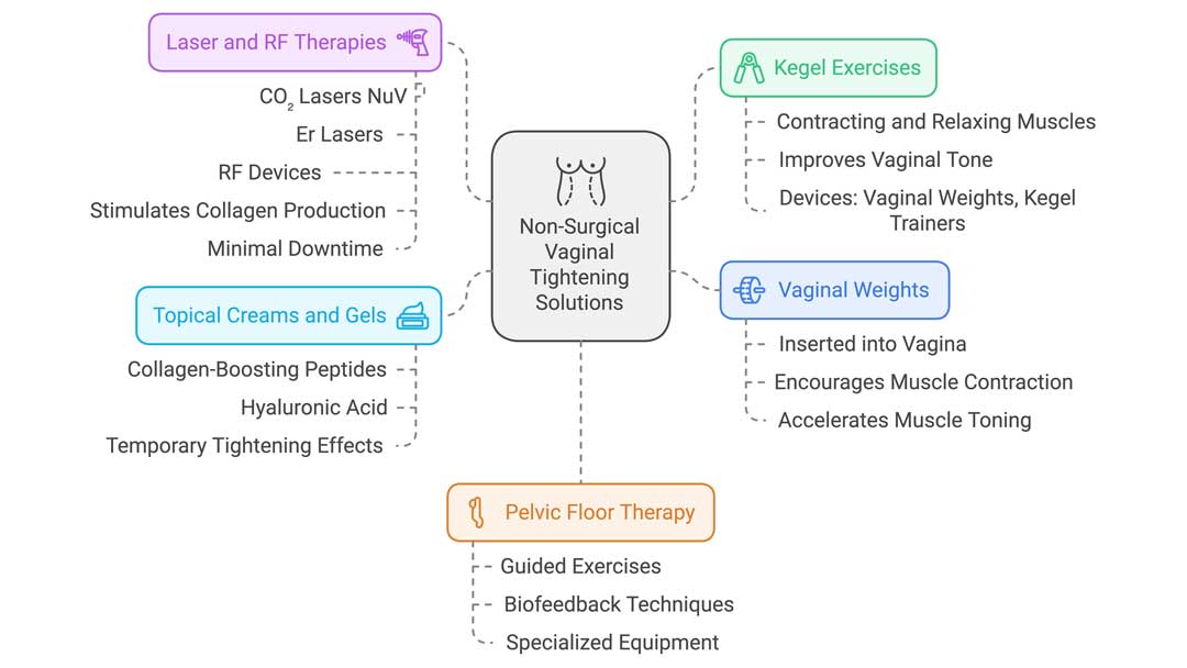 Infographic from The Women's Health Clinic illustrating non-surgical vaginal tightening solutions. The graphic includes five main options: Laser and RF therapies (stimulating collagen production with minimal downtime), Kegel exercises (improving vaginal tone by contracting and relaxing muscles), Vaginal weights (encouraging muscle contraction and toning), Topical creams and gels (temporary tightening with collagen-boosting peptides and hyaluronic acid), and Pelvic floor therapy (guided exercises and biofeedback techniques).