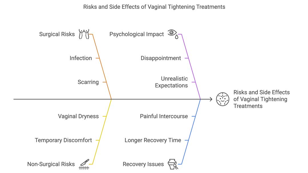 Infographic from The Women's Health Clinic illustrating the risks and side effects of vaginal tightening treatments. The image is divided into four categories: surgical risks (infection, scarring), non-surgical risks (vaginal dryness, temporary discomfort), psychological impact (disappointment, unrealistic expectations), and recovery issues (painful intercourse, longer recovery time). The graphic visually highlights different potential side effects associated with vaginal tightening procedures.