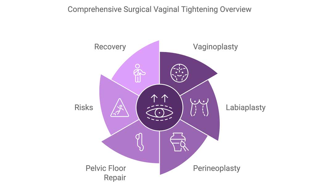 Infographic from The Women's Health Clinic providing a comprehensive overview of surgical vaginal tightening options. The diagram highlights key procedures and factors including vaginoplasty, labiaplasty, perineoplasty, pelvic floor repair, risks, and recovery. The graphic uses a circular design with icons representing each topic, offering a visual summary of surgical vaginal tightening treatments.