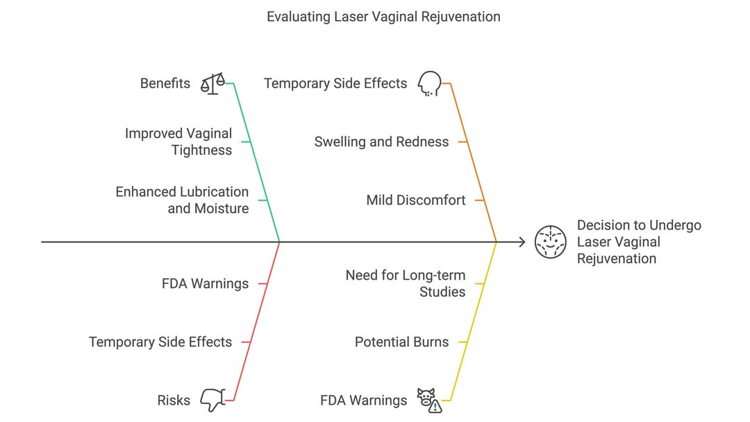 Diagram from the Women's Health Clinic titled 'Evaluating Laser Vaginal Rejuvenation,' presenting the benefits, risks, and side effects of the procedure. On the left, under 'Benefits,' listed in green are 'Improved Vaginal Tightness' and 'Enhanced Lubrication and Moisture,' represented by a scale icon. On the right, in orange, under 'Temporary Side Effects,' are 'Swelling and Redness' and 'Mild Discomfort,' represented by a lightbulb icon. Below the line in red, under 'Risks,' are 'FDA Warnings' and 'Temporary Side Effects,' represented by a thumbs-down icon. On the right in yellow, under 'Risks,' are 'Need for Long-term Studies,' 'Potential Burns,' and 'FDA Warnings,' represented by an exclamation triangle. The diagram converges at the decision point 'Decision to Undergo Laser Vaginal Rejuvenation' on the far right.