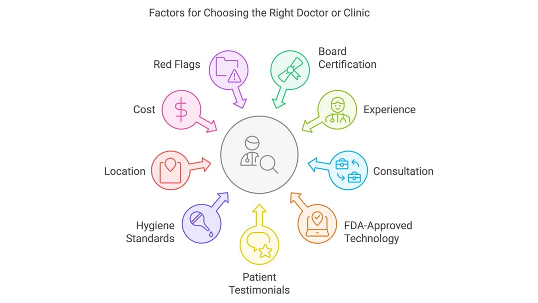 Infographic from the Women's Health Clinic titled 'Factors for Choosing the Right Doctor or Clinic,' showing important considerations when selecting a healthcare provider for laser vaginal rejuvenation. In the center, an icon of a doctor and patient is surrounded by various factors, each represented by a colorful icon. These include 'Board Certification' with a green diploma icon, 'Experience' with a green doctor icon, 'Consultation' with a blue briefcase icon, 'FDA-Approved Technology' with an orange certification icon, 'Patient Testimonials' with a yellow star icon, 'Hygiene Standards' with a purple cleaning spray icon, 'Location' with a red heart and map pin icon, 'Cost' with a pink dollar sign icon, and 'Red Flags' with a purple caution folder icon.