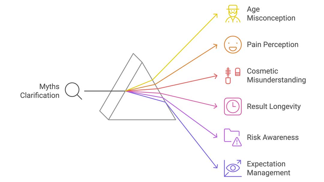 Infographic from the Women's Health Clinic titled 'Myths Clarification,' illustrating common misconceptions about laser vaginal rejuvenation. A prism is shown in the center with several colored lines radiating outward, each leading to a myth or misconception. These include 'Age Misconception' with a yellow icon of a person, 'Pain Perception' with an orange smiley face, 'Cosmetic Misunderstanding' with a red icon of cosmetic tools, 'Result Longevity' with a pink clock icon, 'Risk Awareness' with a purple caution folder, and 'Expectation Management' with a blue eye and upward arrow icon.