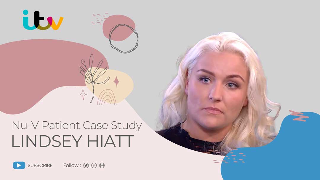 "ITV promotional graphic featuring Lindsey Hiatt for a Nu-V patient case study. The graphic includes abstract pastel shapes, the ITV logo, and social media icons." Alt text should be brief and describe the essential elements of the image. Let me know if you'd like any adjustments!