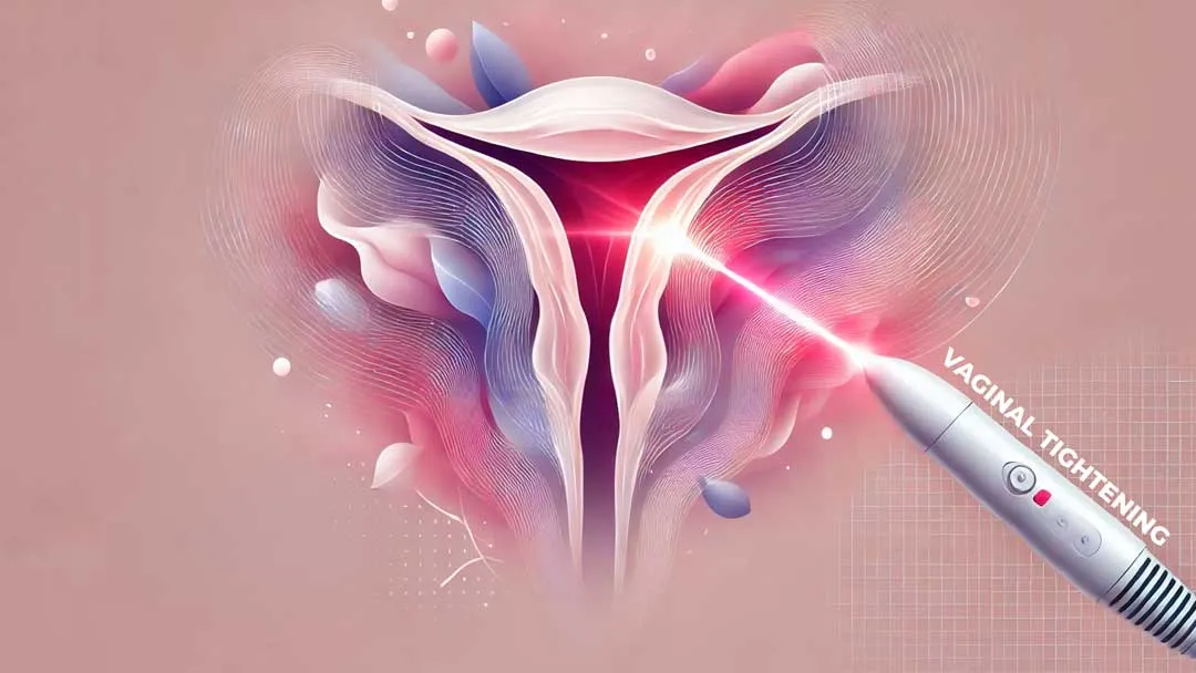 Illustration of a laser vaginal tightening treatment procedure, showing a laser device targeting the vaginal area to enhance tightness, used in non-surgical treatments at The Women's Health Clinic