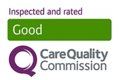 A graphic displaying the Care Quality Commission (CQC) rating for the Women's Health Clinic. It features the text "Inspected and rated" in purple, with a green box stating "Good" in white. The logo of the Care Quality Commission is included, signifying the clinic's quality assessment.