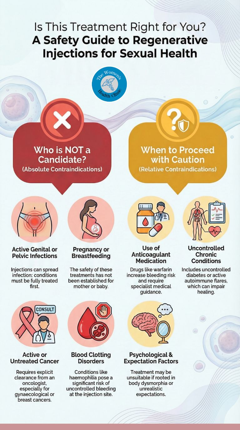 An infographic titled "Is This Treatment Right for You? A Safety Guide to Regenerative Injections for Sexual Health" from The Women's Health Clinic. It is divided into two main sections: a red column on the left marked with a large "X" titled "Who is NOT a Candidate? (Absolute Contraindications)" listing 4 conditions with icons, and a yellow column on the right with a question mark and shield titled "When to Proceed with Caution (Relative Contraindications)" listing 3 conditions. The background has abstract cellular imagery.