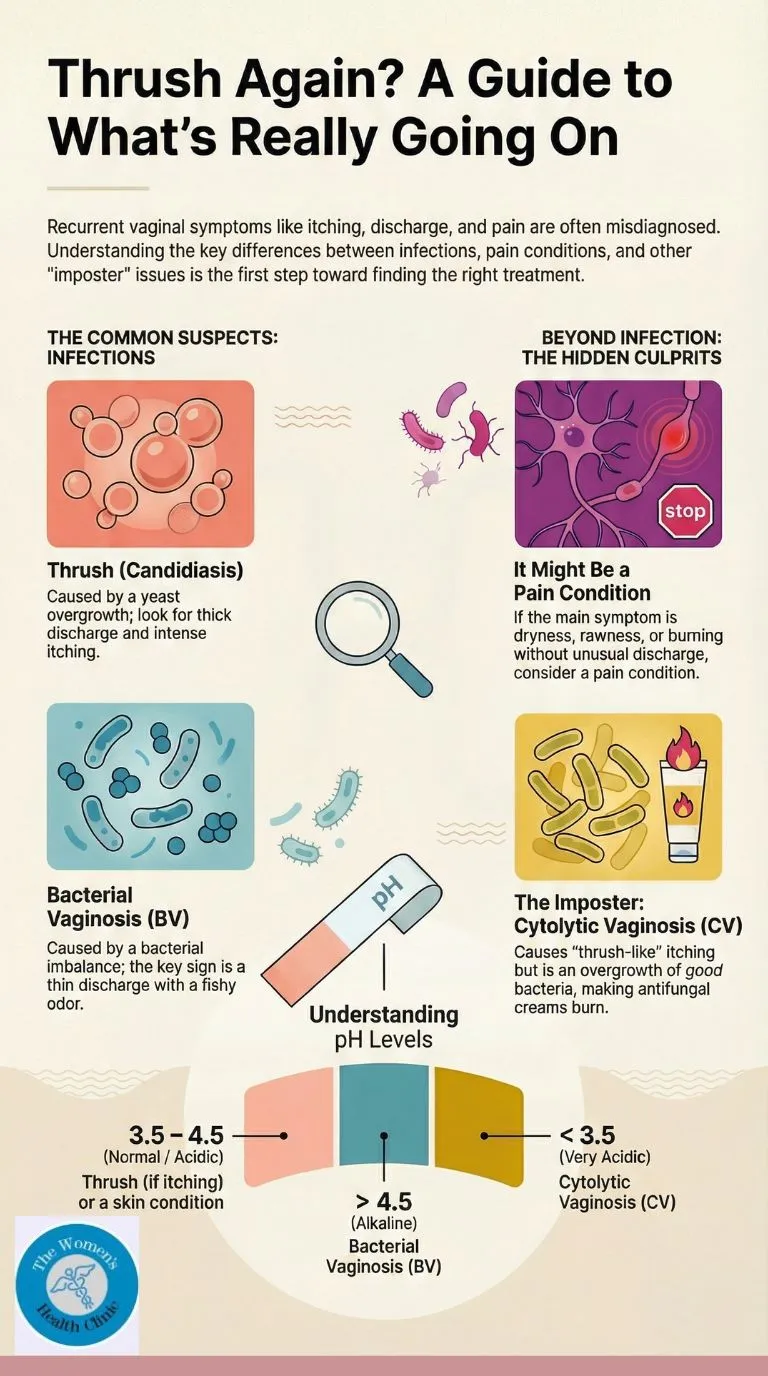 Recurrent thrush or BV vs pain—how do I tell infographics Recurrent thrush or BV vs pain—how do I tell