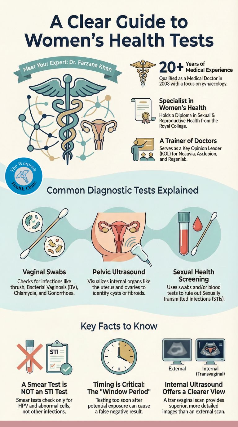 What tests might be needed (swabs, ultrasound, STI tests)