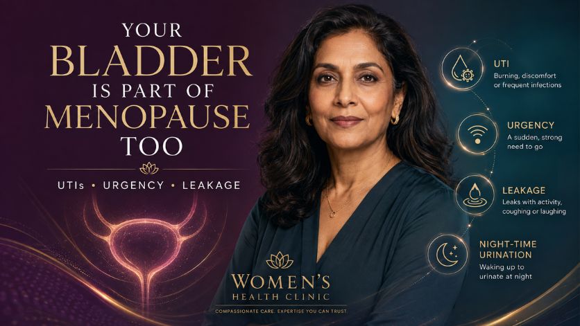South Asian woman beside an educational illustration about menopause, urinary urgency, recurrent UTI and leakage
