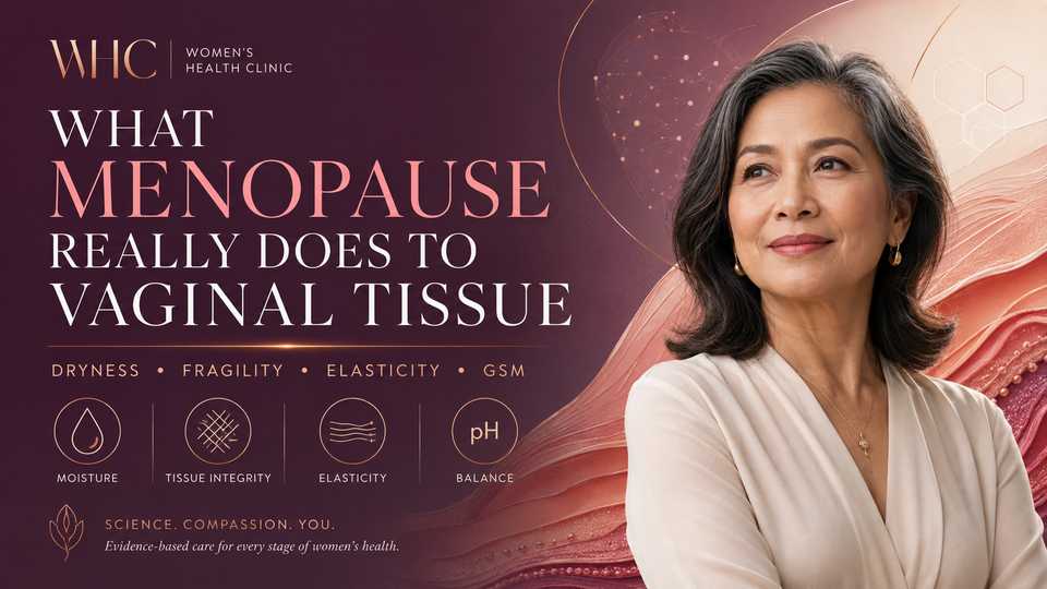 Midlife woman beside an editorial tissue-science motif