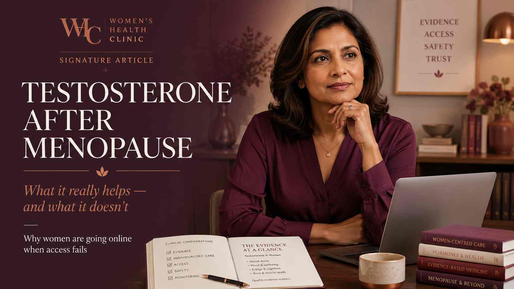 Composed midlife woman considering evidence about testosterone after menopause